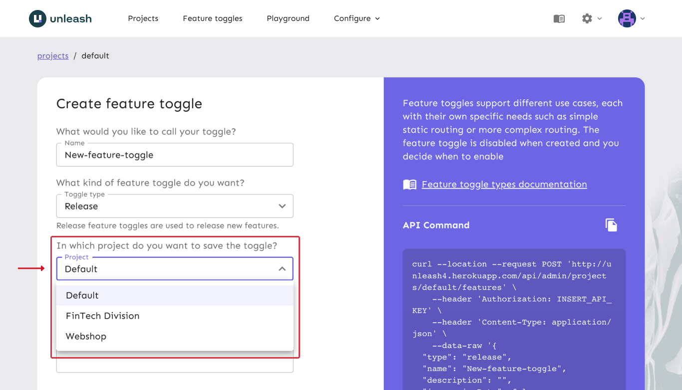 A form to create a flag. The &quot;project&quot; input is expanded to show projects you can create the flag in.